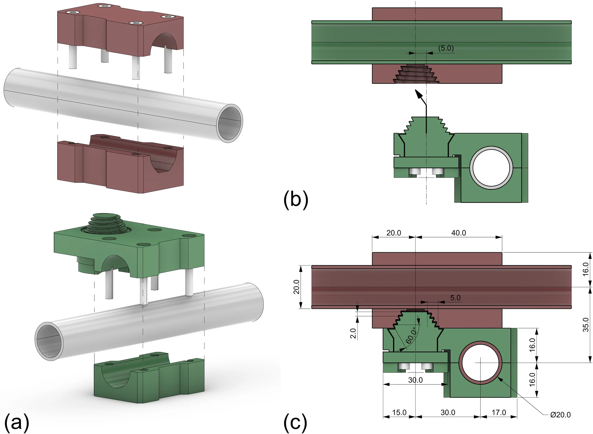 Exploded view and dimensions of the T20-5 tapered screw connector