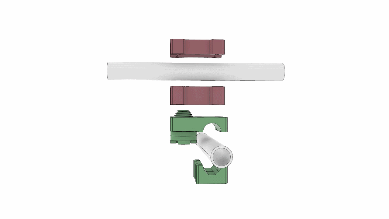 Animation showing the male and female joint components assembling around two scaffold tubes