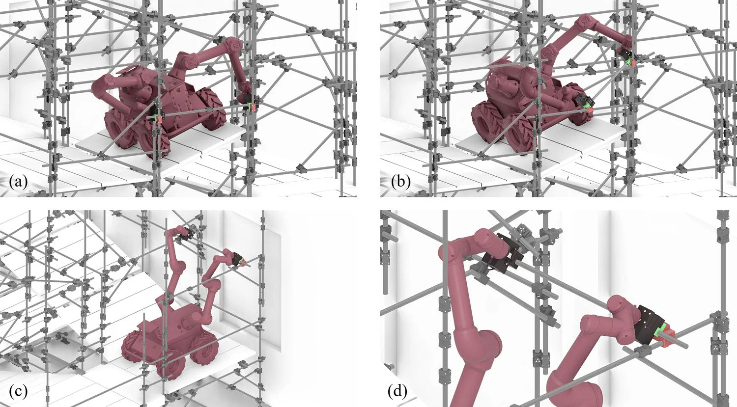 Close-up simulation views of robot reachability for scaffold assembly